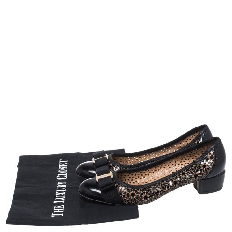 Pre Owned Salvatore Ferragamo Black Floral Perforated Patent Leather Vara Bow Pumps Size 38
