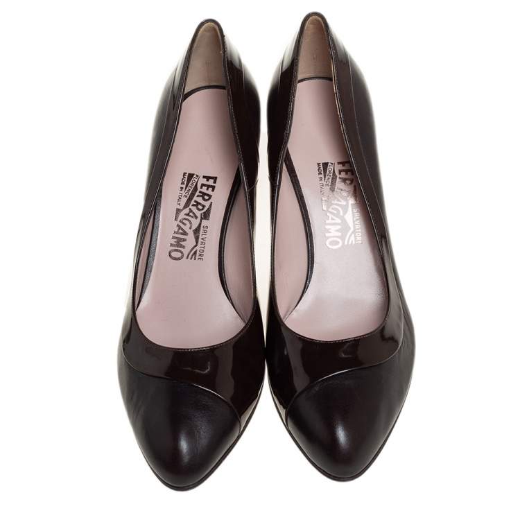 Pre Owned Salvatore Ferragamo Brown Leather and Patent Leather Pumps Size 39.5