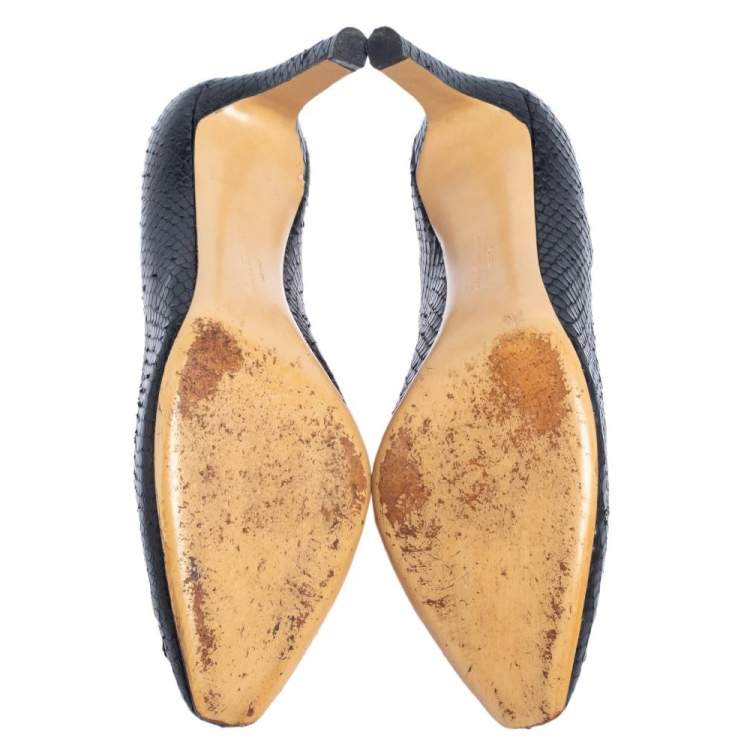 Pre Owned Salvatore Ferragamo Black Python Embossed Leather Embellished Fringe Detail Pumps Size 40.5