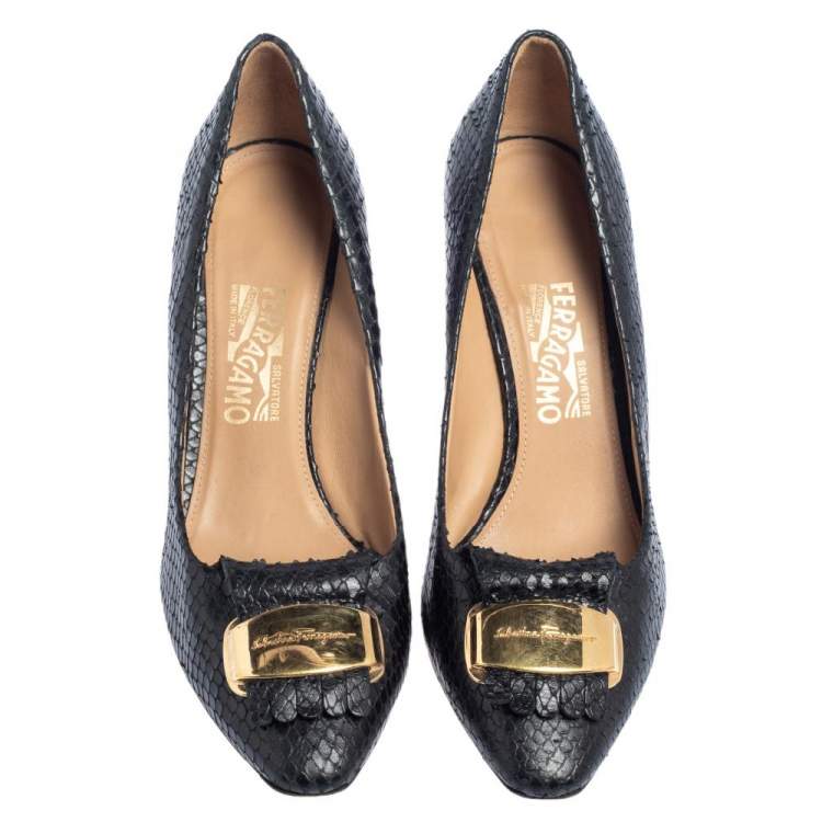 Pre Owned Salvatore Ferragamo Black Python Embossed Leather Embellished Fringe Detail Pumps Size 40.5