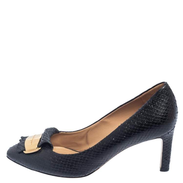 Pre Owned Salvatore Ferragamo Black Python Embossed Leather Embellished Fringe Detail Pumps Size 40.5