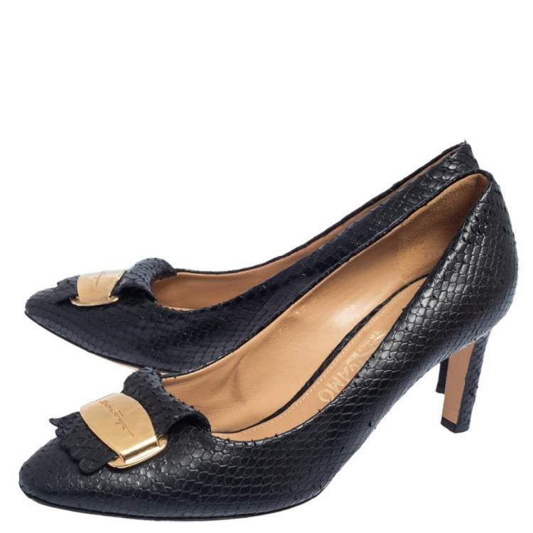 Pre Owned Salvatore Ferragamo Black Python Embossed Leather Embellished Fringe Detail Pumps Size 40.5