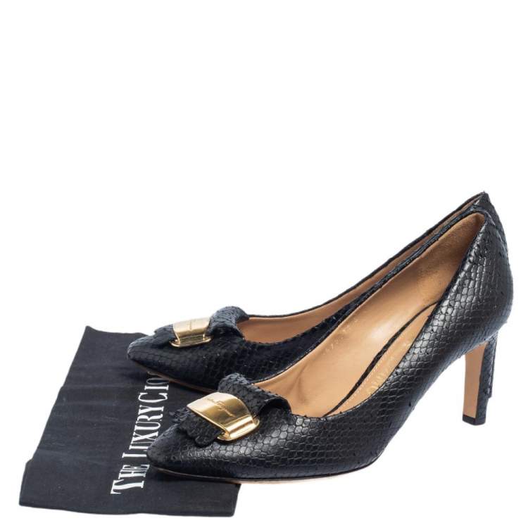 Pre Owned Salvatore Ferragamo Black Python Embossed Leather Embellished Fringe Detail Pumps Size 40.5