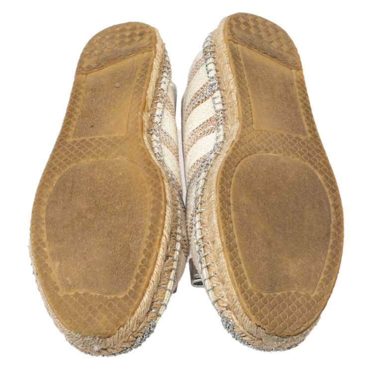 Pre Owned  Salvatore Ferragamo Beige/Silver Canvas And Leather Espadrille Flats 40