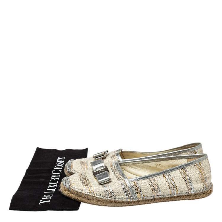 Pre Owned  Salvatore Ferragamo Beige/Silver Canvas And Leather Espadrille Flats 40