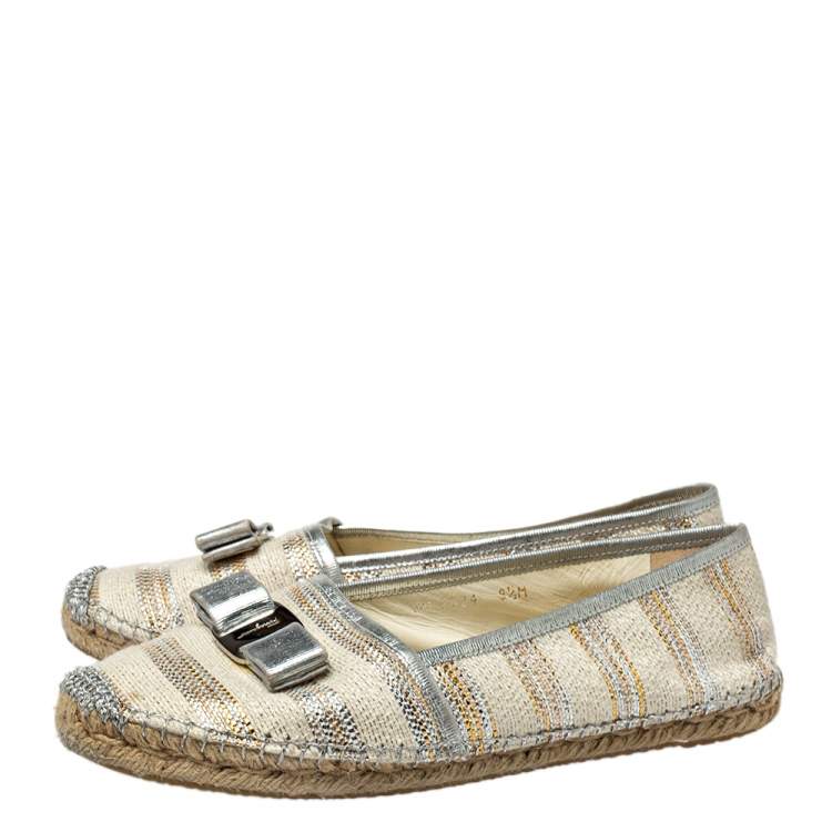 Pre Owned  Salvatore Ferragamo Beige/Silver Canvas And Leather Espadrille Flats 40