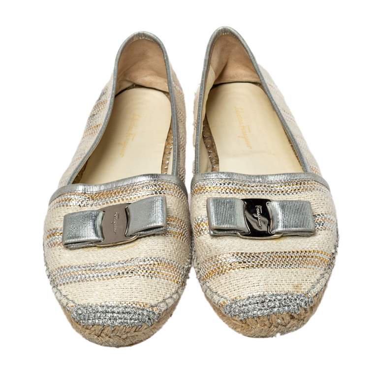 Pre Owned  Salvatore Ferragamo Beige/Silver Canvas And Leather Espadrille Flats 40