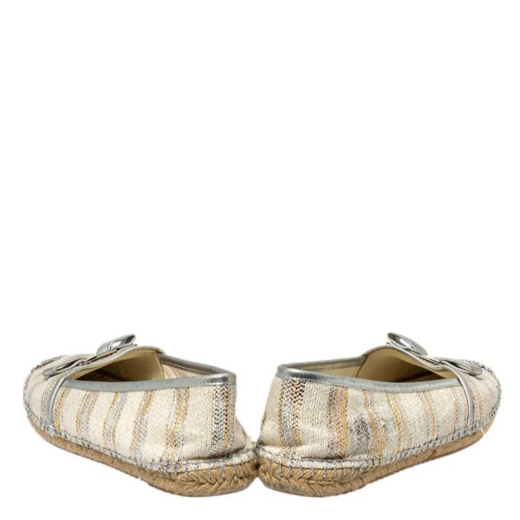 Pre Owned  Salvatore Ferragamo Beige/Silver Canvas And Leather Espadrille Flats 40