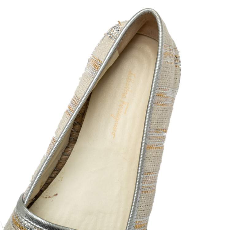 Pre Owned  Salvatore Ferragamo Beige/Silver Canvas And Leather Espadrille Flats 40