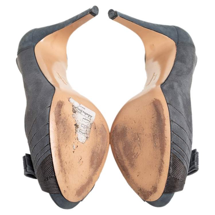 Pre Owned Salvatore Ferragamo Grey Suede And Nubuck Leather Bow Peep Toe Pumps Size 39.5