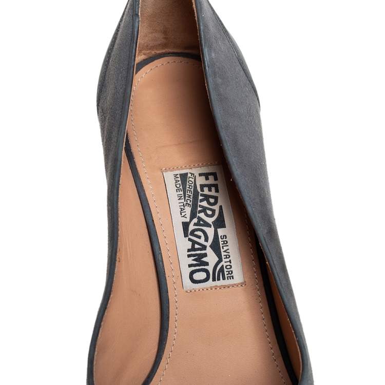 Pre Owned Salvatore Ferragamo Grey Suede And Nubuck Leather Bow Peep Toe Pumps Size 39.5