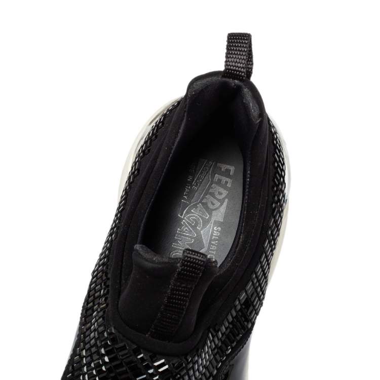 Pre Owned Salvatore Ferragamo Black Fabric And Patent Leather Embellished Slip-on Sneakers Size 38.5