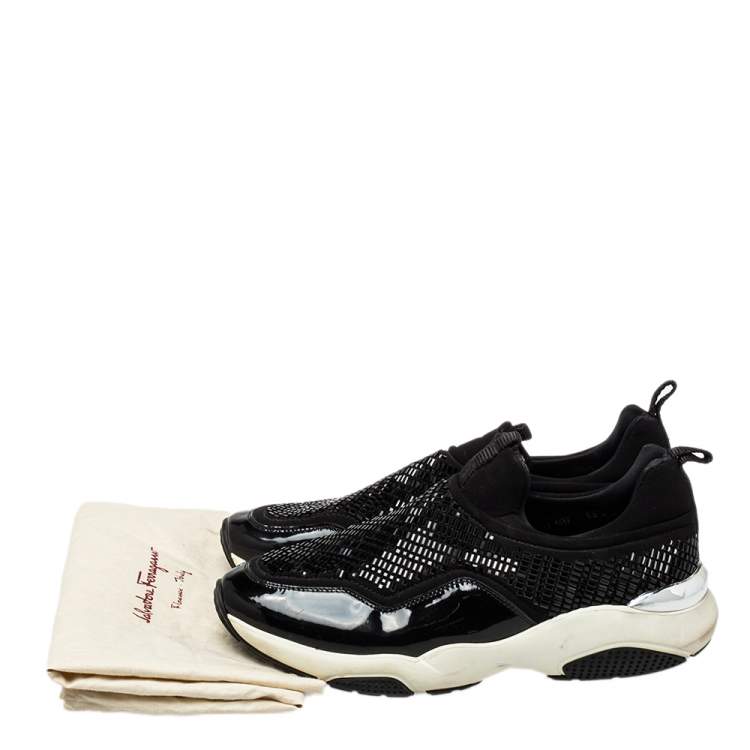 Pre Owned Salvatore Ferragamo Black Fabric And Patent Leather Embellished Slip-on Sneakers Size 38.5