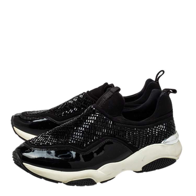 Pre Owned Salvatore Ferragamo Black Fabric And Patent Leather Embellished Slip-on Sneakers Size 38.5