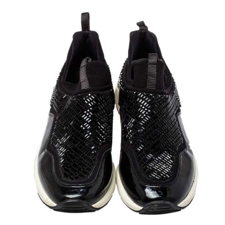 Pre Owned Salvatore Ferragamo Black Fabric And Patent Leather Embellished Slip-on Sneakers Size 38.5