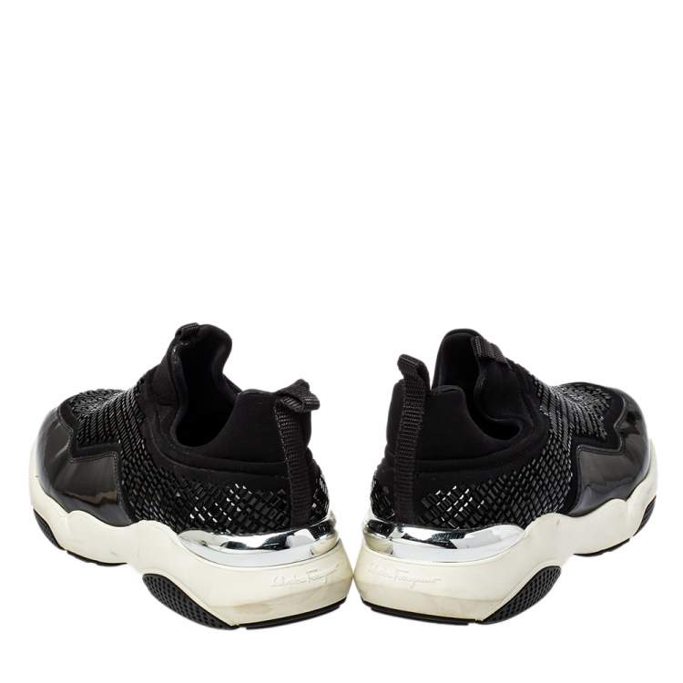 Pre Owned Salvatore Ferragamo Black Fabric And Patent Leather Embellished Slip-on Sneakers Size 38.5