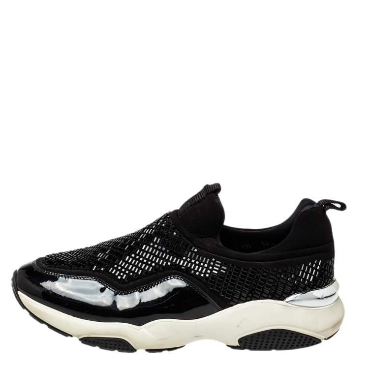 Pre Owned Salvatore Ferragamo Black Fabric And Patent Leather Embellished Slip-on Sneakers Size 38.5