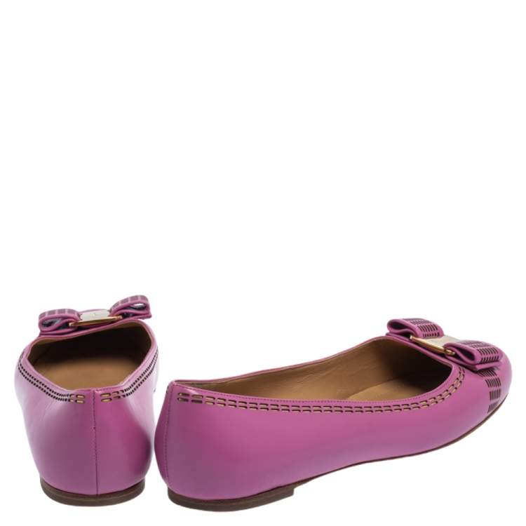 Pre Owned Salvatore Ferragamo Pink Leather Vara Bow Ballet Flats Size 37.5