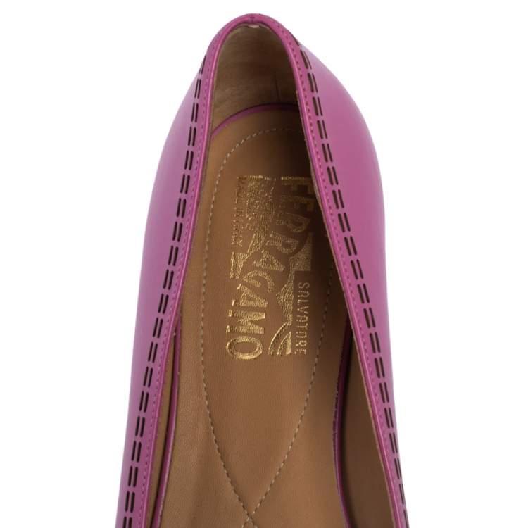 Pre Owned Salvatore Ferragamo Pink Leather Vara Bow Ballet Flats Size 37.5