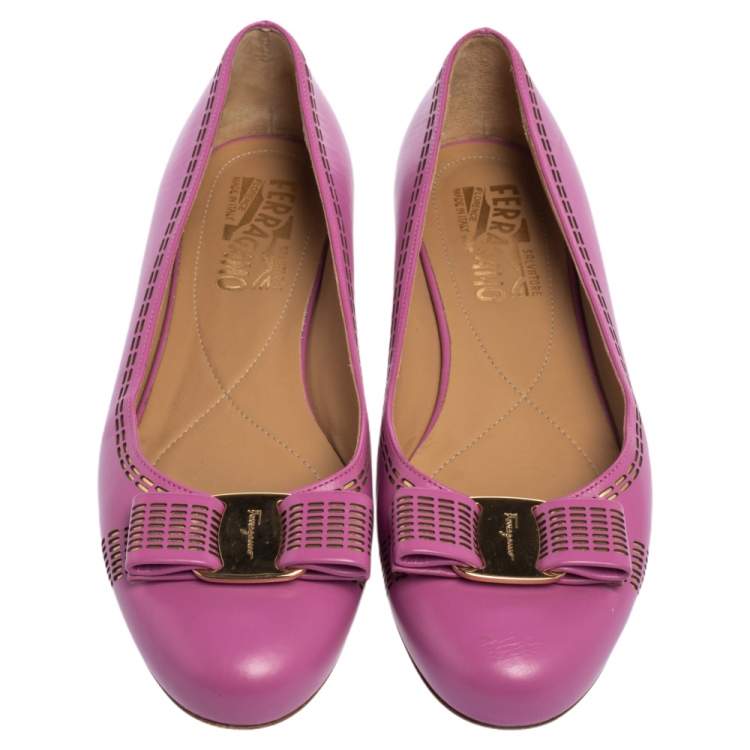 Pre Owned Salvatore Ferragamo Pink Leather Vara Bow Ballet Flats Size 37.5