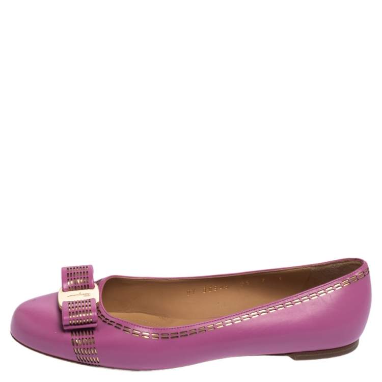 Pre Owned Salvatore Ferragamo Pink Leather Vara Bow Ballet Flats Size 37.5