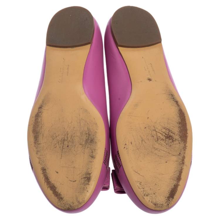 Pre Owned Salvatore Ferragamo Pink Leather Vara Bow Ballet Flats Size 37.5