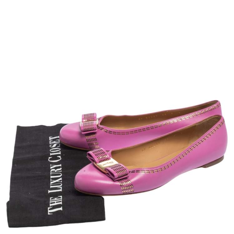 Pre Owned Salvatore Ferragamo Pink Leather Vara Bow Ballet Flats Size 37.5