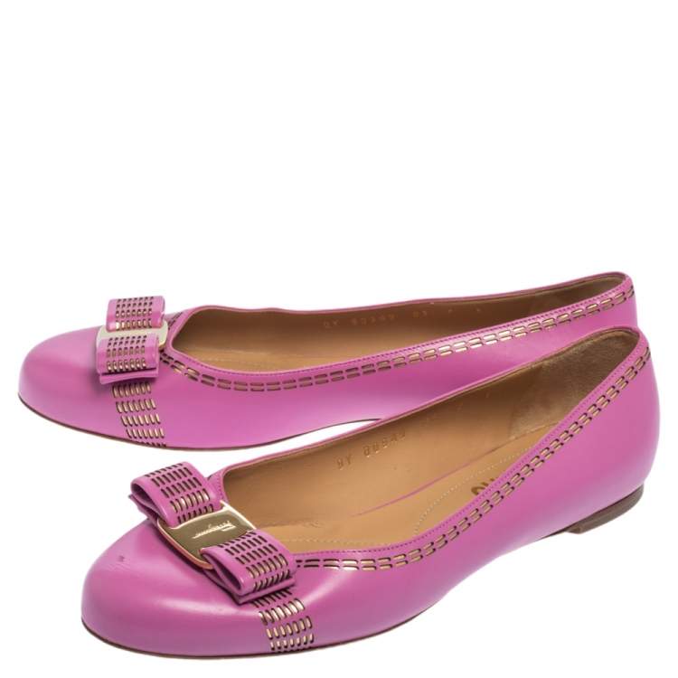 Pre Owned Salvatore Ferragamo Pink Leather Vara Bow Ballet Flats Size 37.5