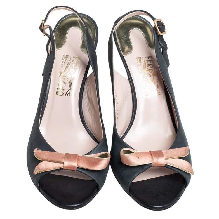 Pre Owned Salvatore Ferragamo Leather Bow Peep Toe Slingback Sandals Size 40.5