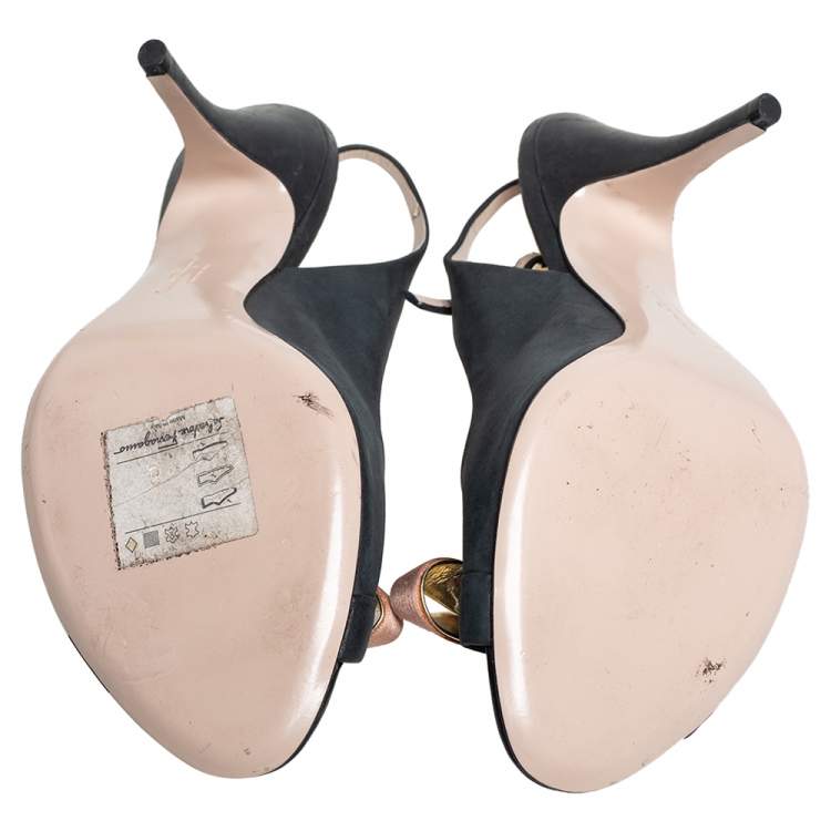 Pre Owned Salvatore Ferragamo Leather Bow Peep Toe Slingback Sandals Size 40.5