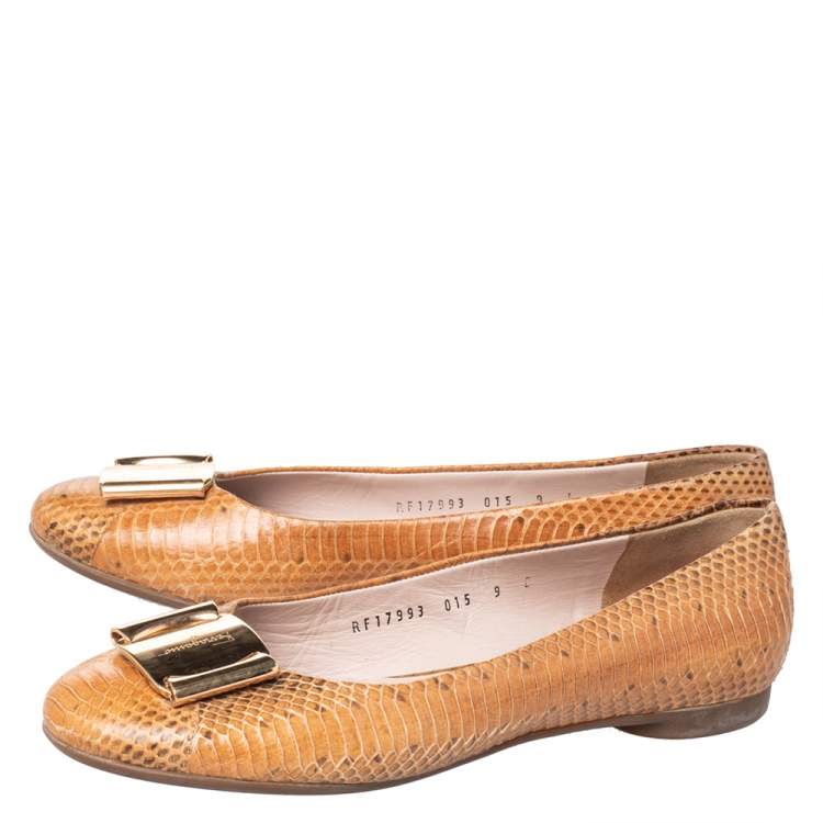 Pre Owned Salvatore Ferragamo Beige Python Leather Bow Ballet Flats Size 39.5