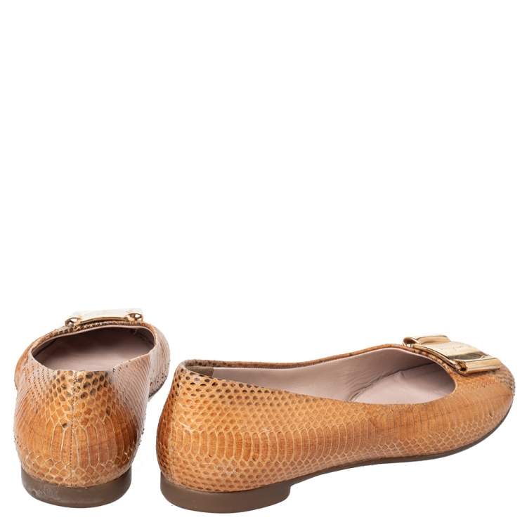 Pre Owned Salvatore Ferragamo Beige Python Leather Bow Ballet Flats Size 39.5
