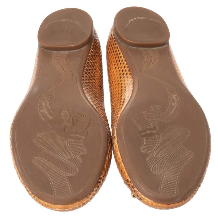 Pre Owned Salvatore Ferragamo Beige Python Leather Bow Ballet Flats Size 39.5