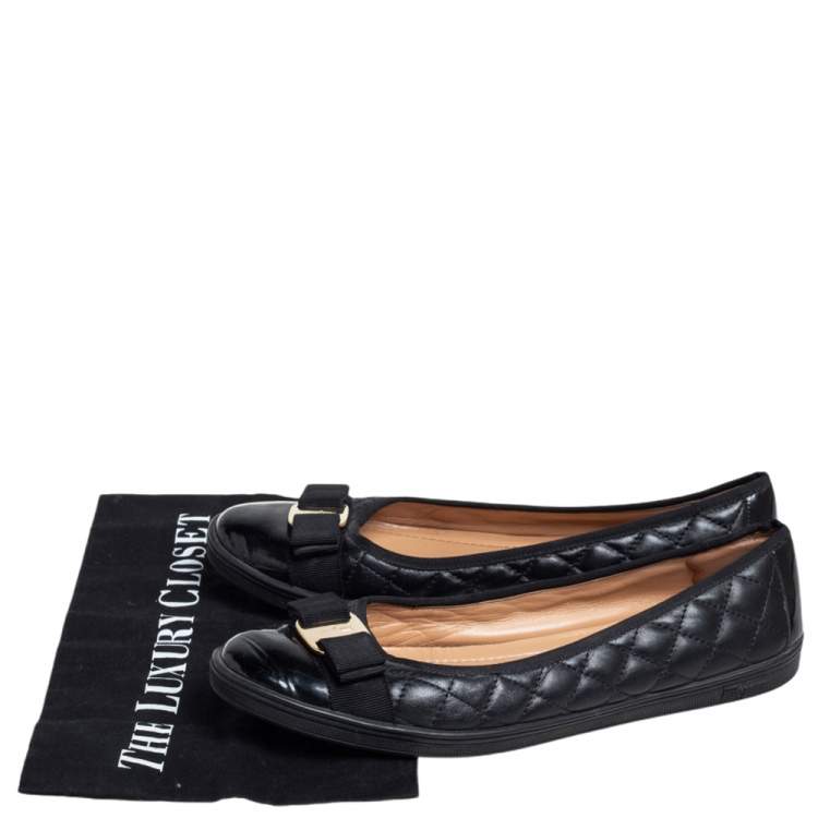 Pre Owned Salvatore Ferragamo Black Quilted Leather Vara Bow Ballet Flats Size 40.5