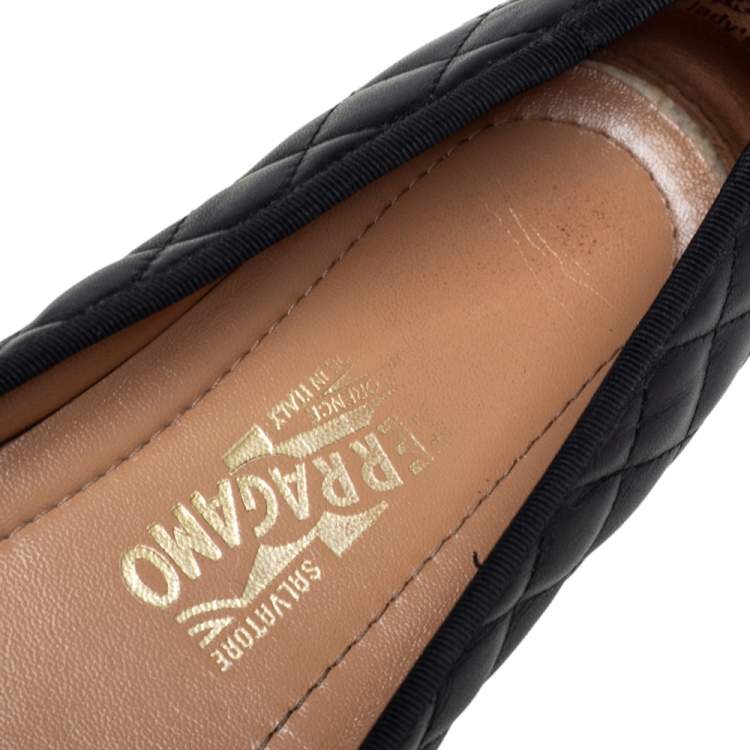 Pre Owned Salvatore Ferragamo Black Quilted Leather Vara Bow Ballet Flats Size 40.5
