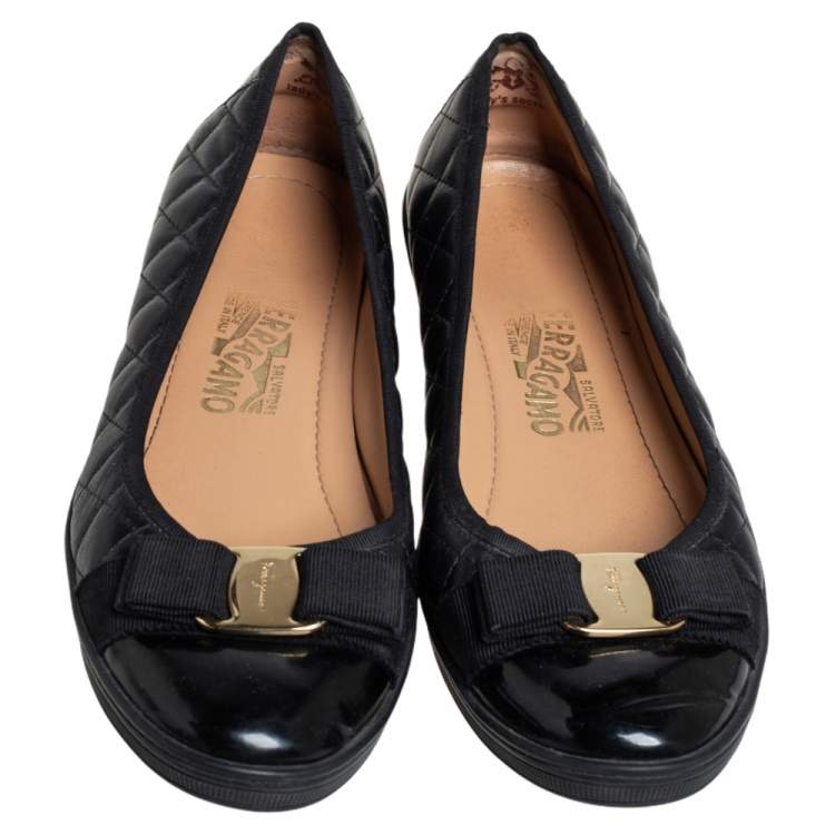 Pre Owned Salvatore Ferragamo Black Quilted Leather Vara Bow Ballet Flats Size 40.5