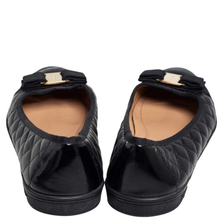 Pre Owned Salvatore Ferragamo Black Quilted Leather Vara Bow Ballet Flats Size 40.5