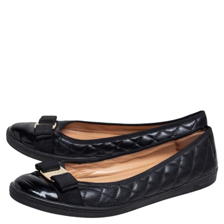 Pre Owned Salvatore Ferragamo Black Quilted Leather Vara Bow Ballet Flats Size 40.5