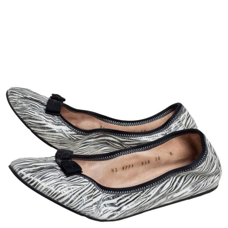 Pre Owned Salvatore Ferragamo Silver/White Zebra Print Leather My Joy Ballet Flats Size 40.5