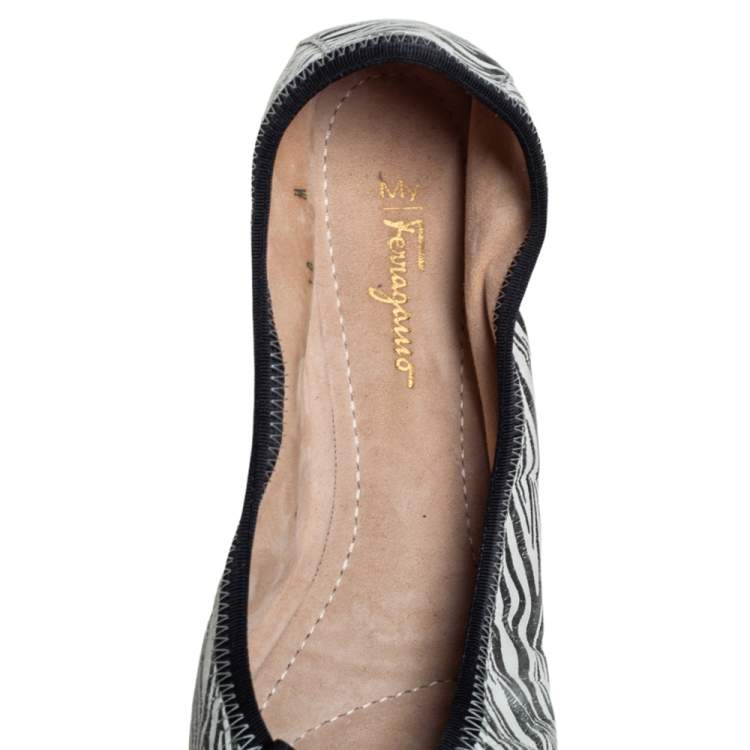 Pre Owned Salvatore Ferragamo Silver/White Zebra Print Leather My Joy Ballet Flats Size 40.5