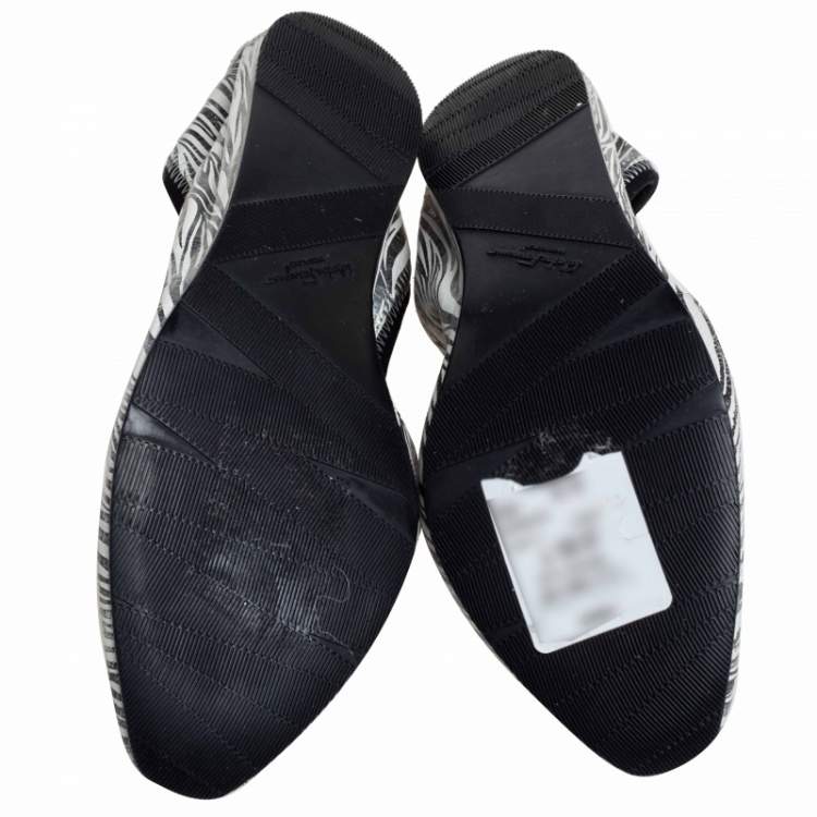 Pre Owned Salvatore Ferragamo Silver/White Zebra Print Leather My Joy Ballet Flats Size 40.5