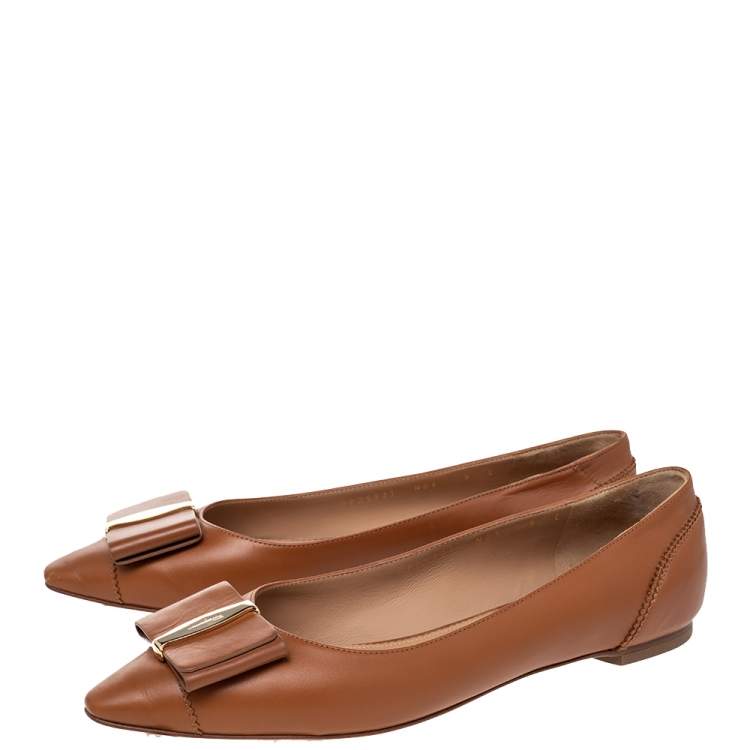 Pre Owned Salvatore Ferragamo Brown Leather Zeri Pointed Toe Ballet Flats Size 39.5