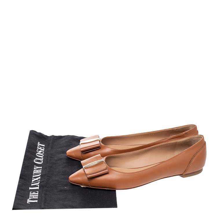 Pre Owned Salvatore Ferragamo Brown Leather Zeri Pointed Toe Ballet Flats Size 39.5