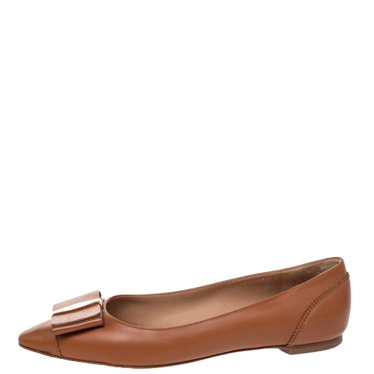 Pre Owned Salvatore Ferragamo Brown Leather Zeri Pointed Toe Ballet Flats Size 39.5