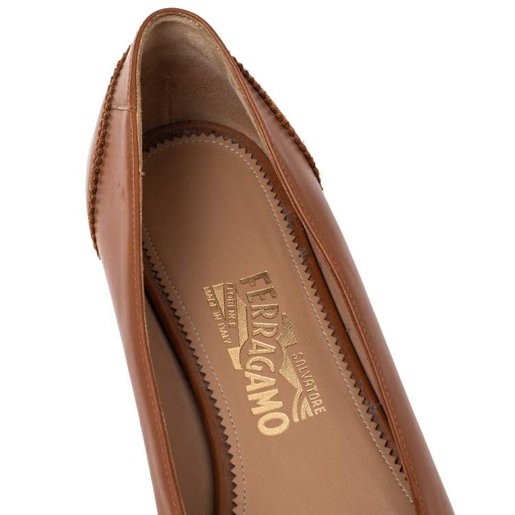 Pre Owned Salvatore Ferragamo Brown Leather Zeri Pointed Toe Ballet Flats Size 39.5