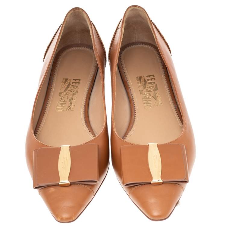 Pre Owned Salvatore Ferragamo Brown Leather Zeri Pointed Toe Ballet Flats Size 39.5