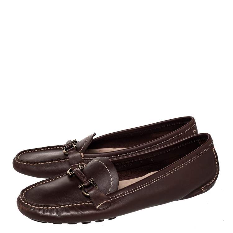 Pre Owned Salvatore Ferragamo Brown Leather Gancini Bit Slip On Loafers Size 39.5