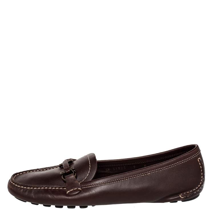Pre Owned Salvatore Ferragamo Brown Leather Gancini Bit Slip On Loafers Size 39.5