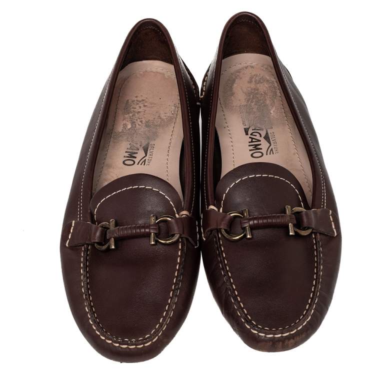 Pre Owned Salvatore Ferragamo Brown Leather Gancini Bit Slip On Loafers Size 39.5