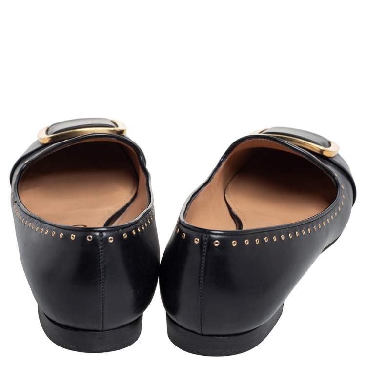 Pre Owned Salvatore Ferragamo Black Leather Studded Fringe Detail Ballet Flats Size 36.5